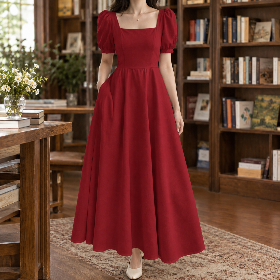 Sylvie-Hope Square Neck Dress - Red