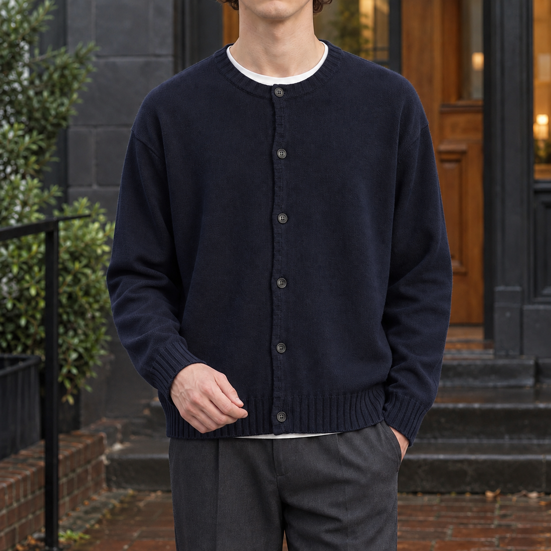 Gregory Button Front Cardigan - Navy Blue