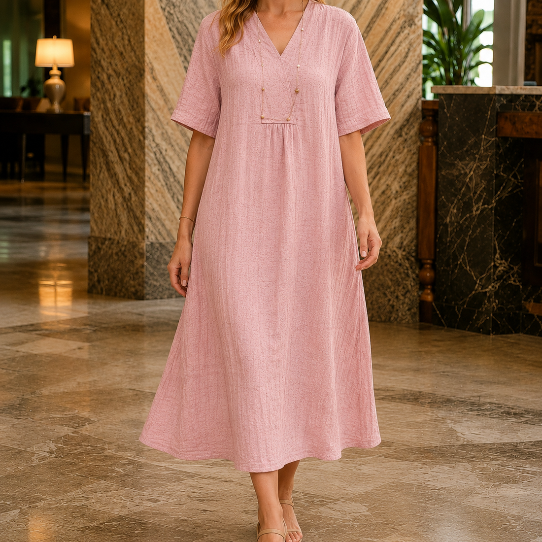 Eleanor Crinkle Midi Dress - Pink