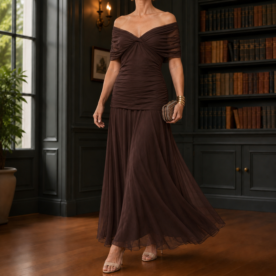 Serena-Pearl Draped Maxi Dress - Brown
