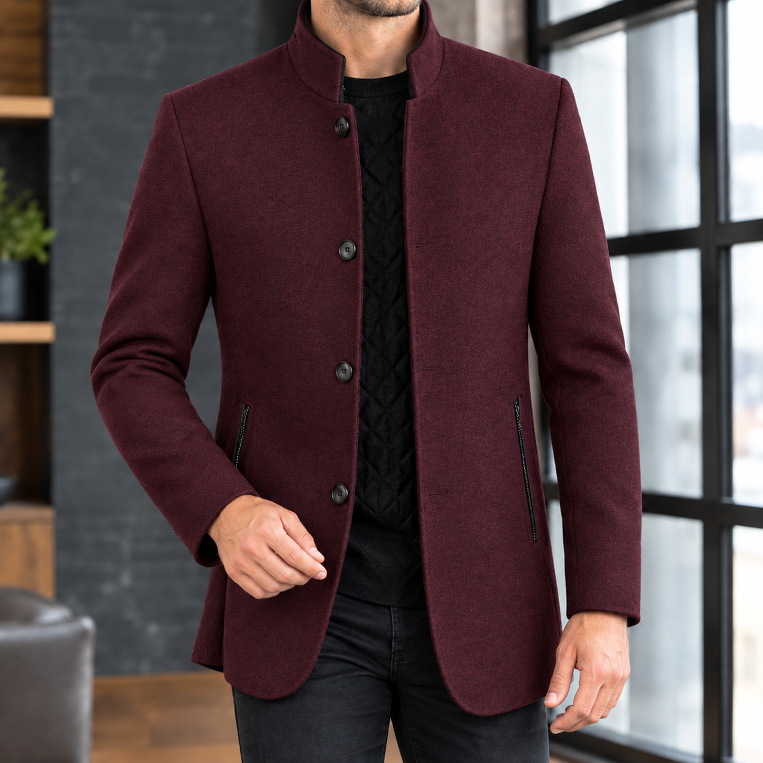 Merrick Stand Collar Jacket - Wine Red
