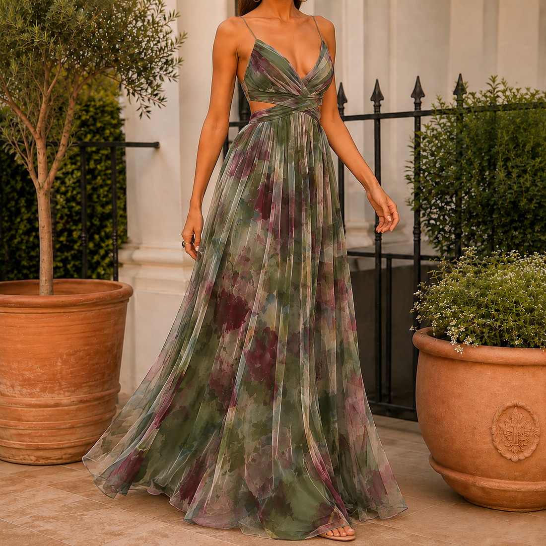 Penelope Watercolor Maxi Dress - Green
