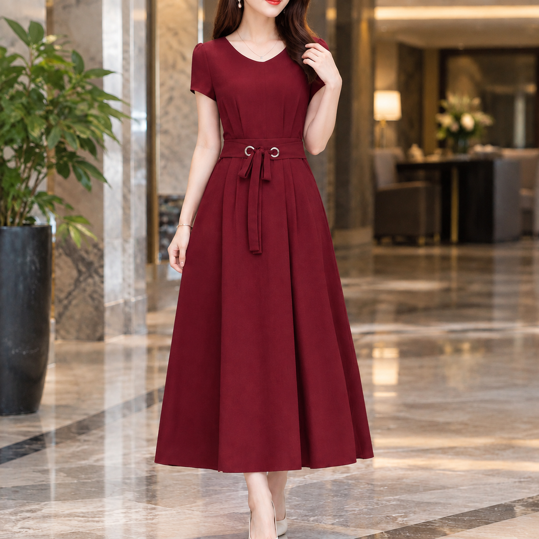 Oriane Belted Midi Dress - Wine Red
