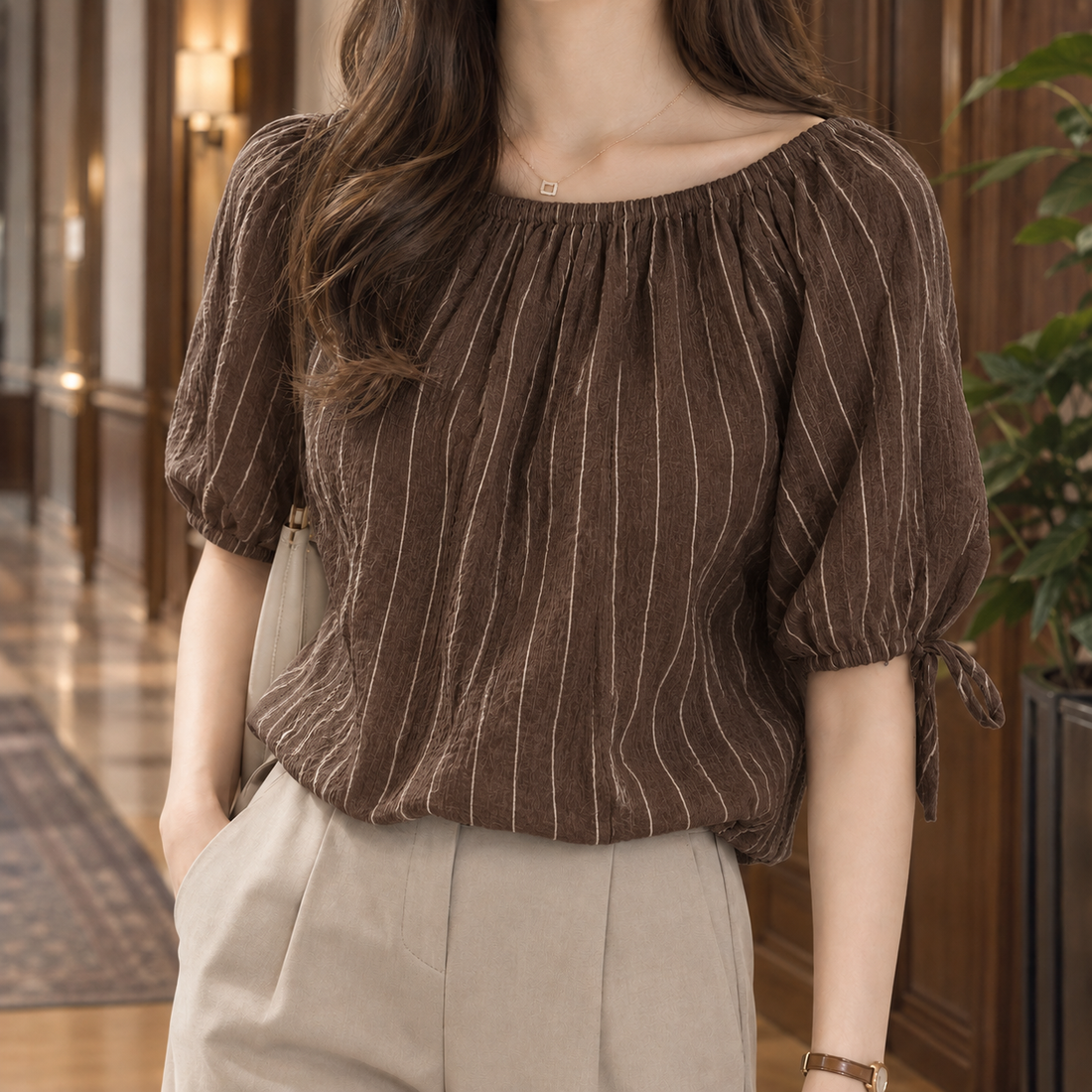 Arwen Pinstripe Top - Dark Brown
