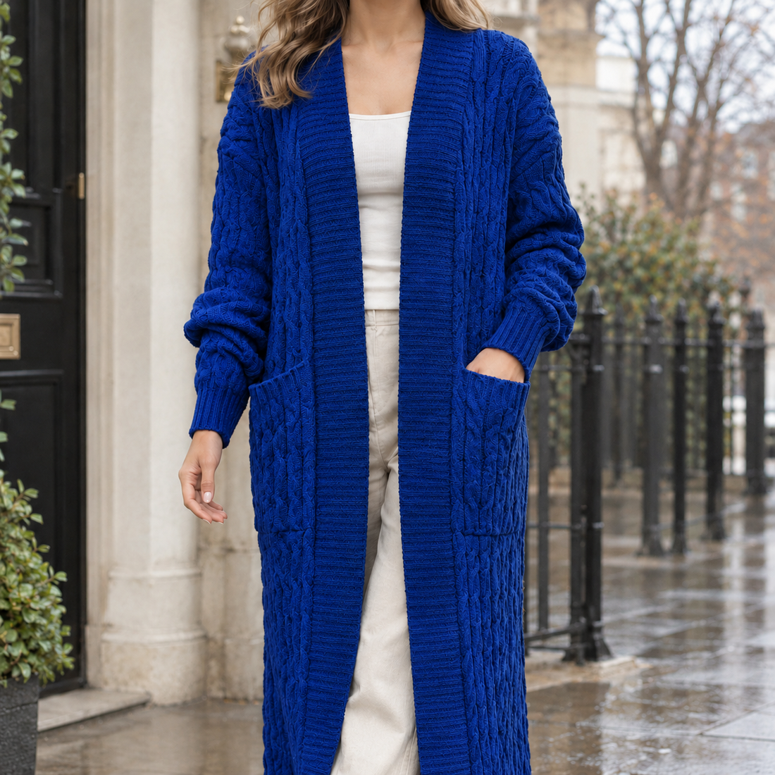 Naomi-Hope Cable Knit Cardigan - Royal Blue