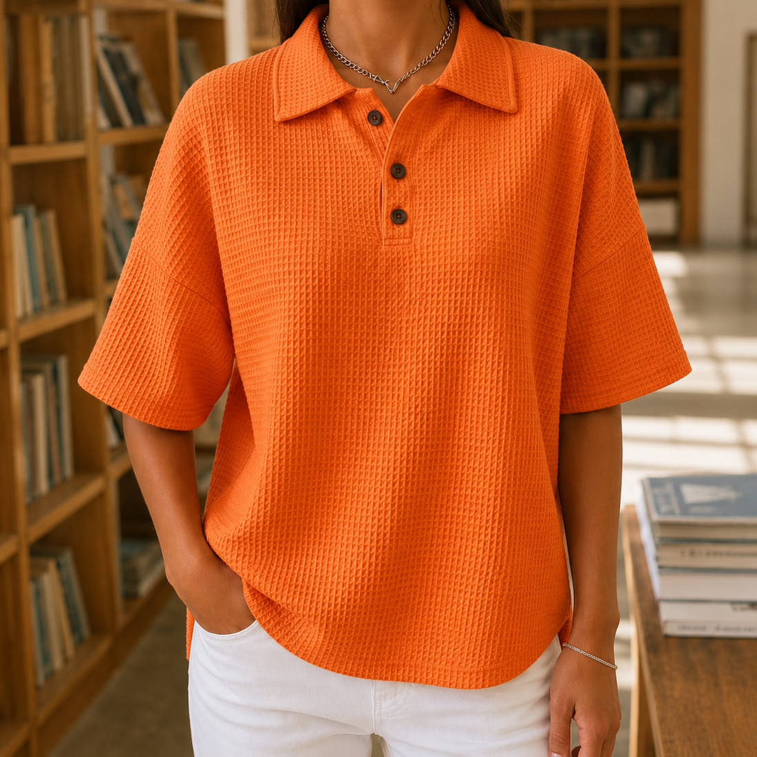 Clara Waffle Polo - Orange