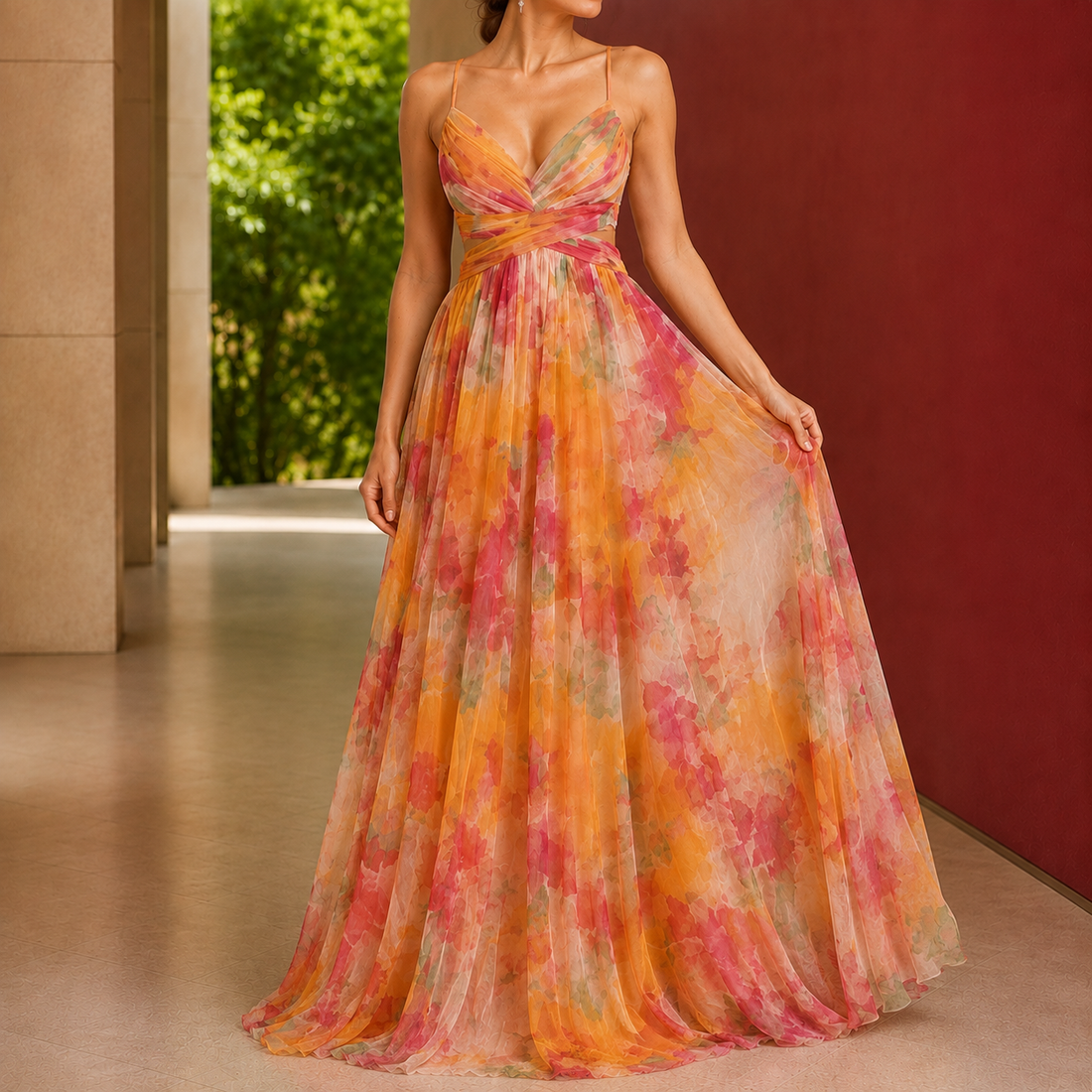 Cleo Watercolor Maxi Dress - Orange