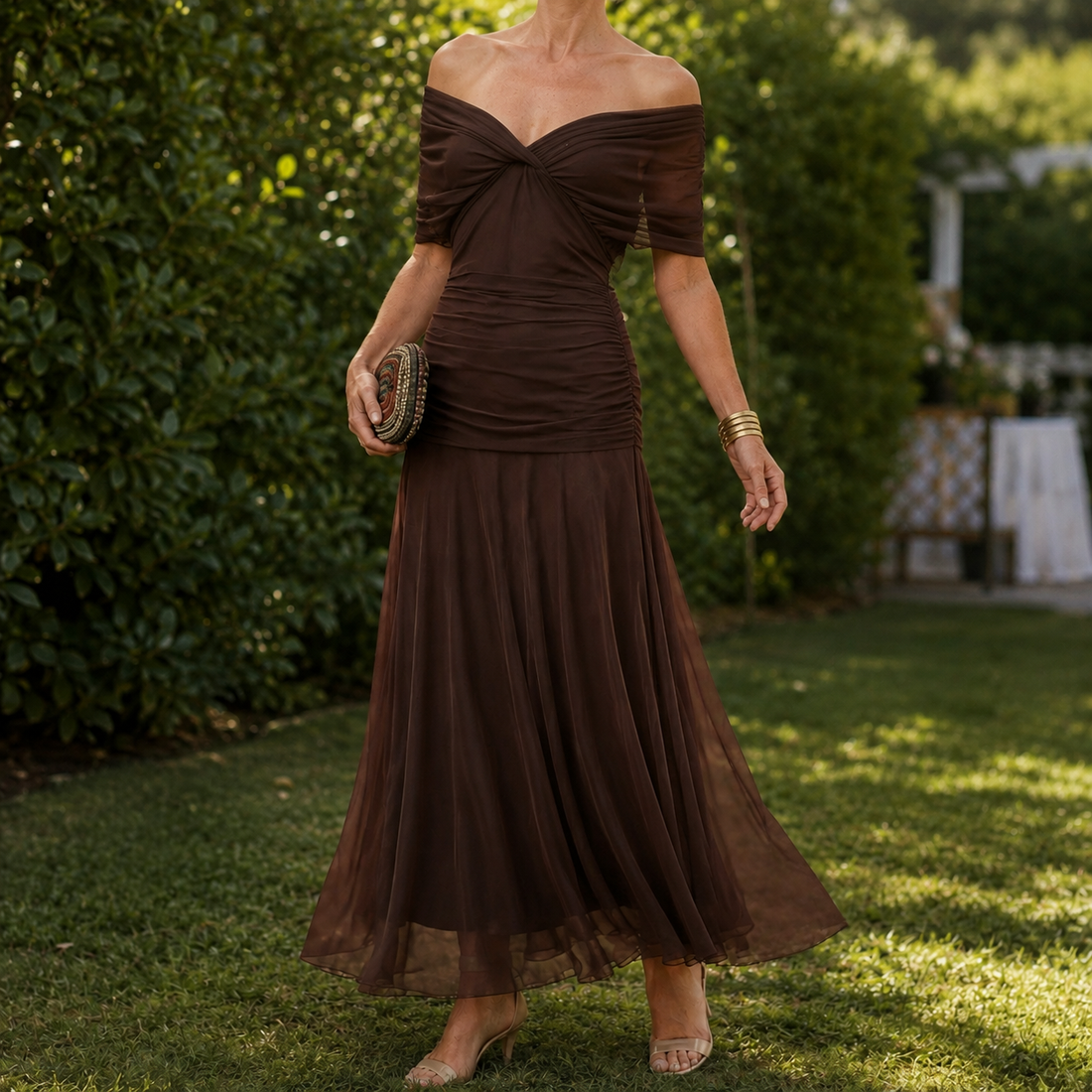 Greta Ruched Maxi Dress - Brown