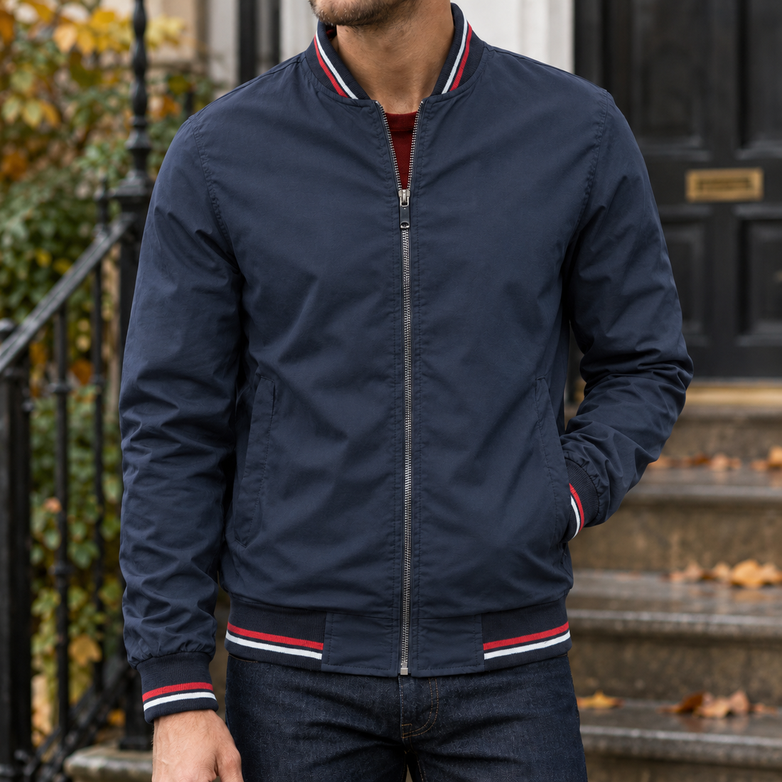 Armand-James Striped Bomber Jacket - Navy