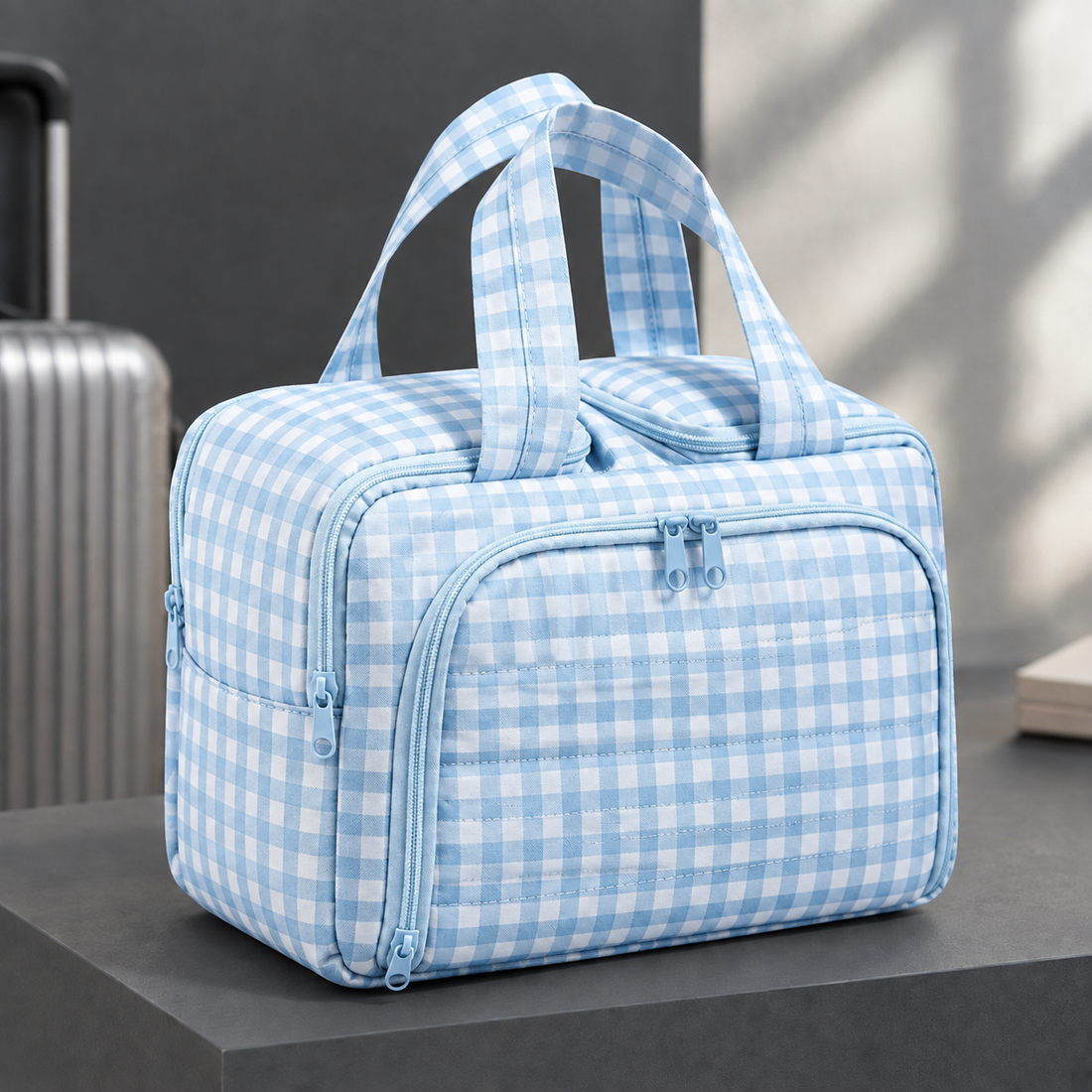 Vitale Double-Zip Cosmetic Bag - Blue Checkered Double Opening Bag
