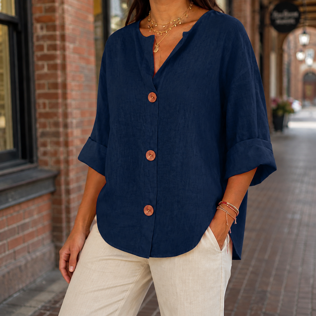 Florence V-Neck Shirt - Navy Blue