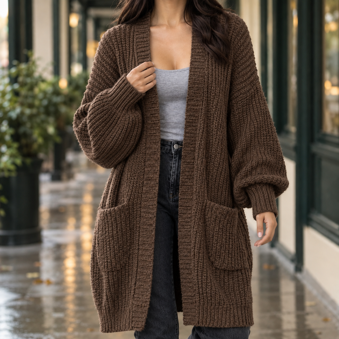 Sofia-Pearl Longline Cardigan - Brown