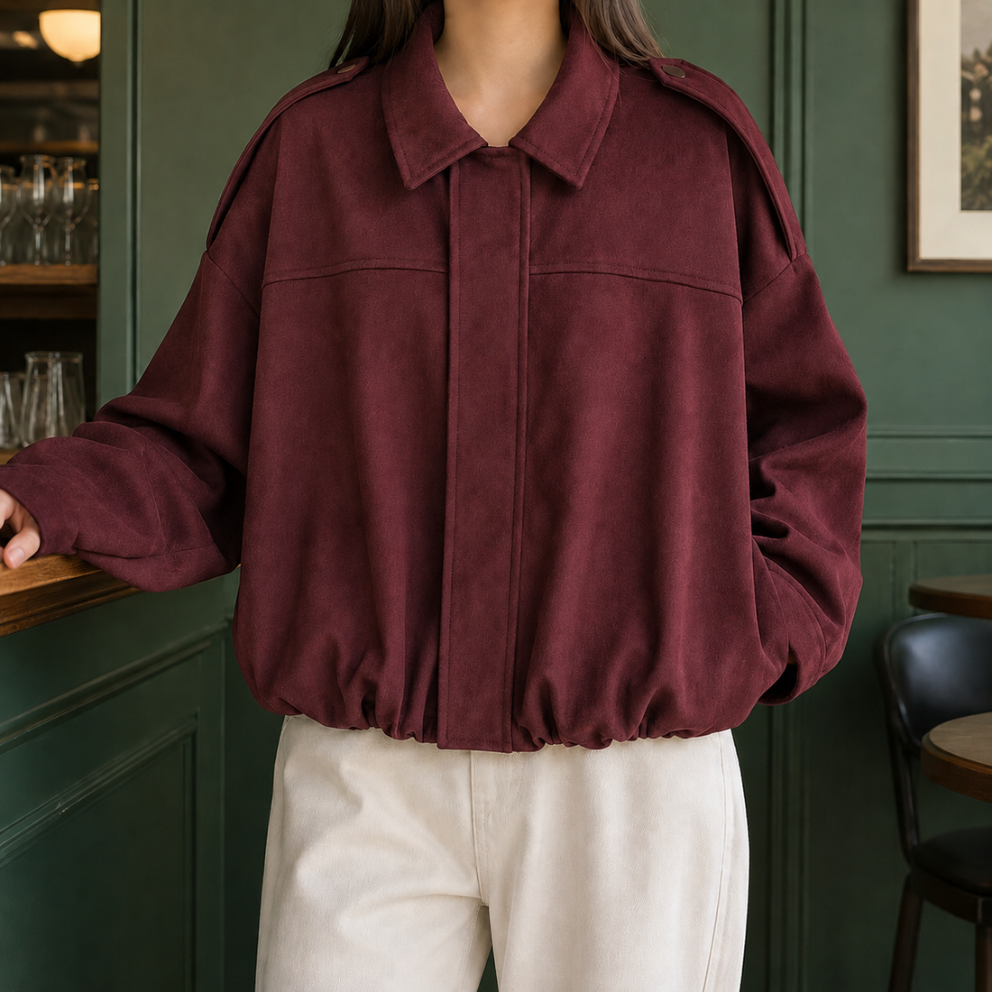 Ines Suede Bomber Jacket - Wine Red