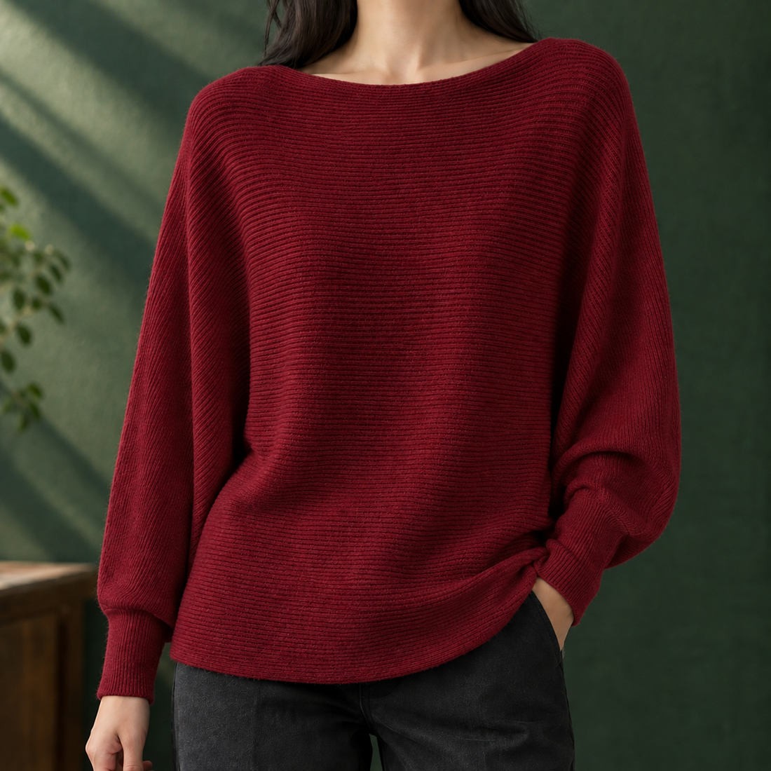 Olive Boat Neck Sweater - Wine Red