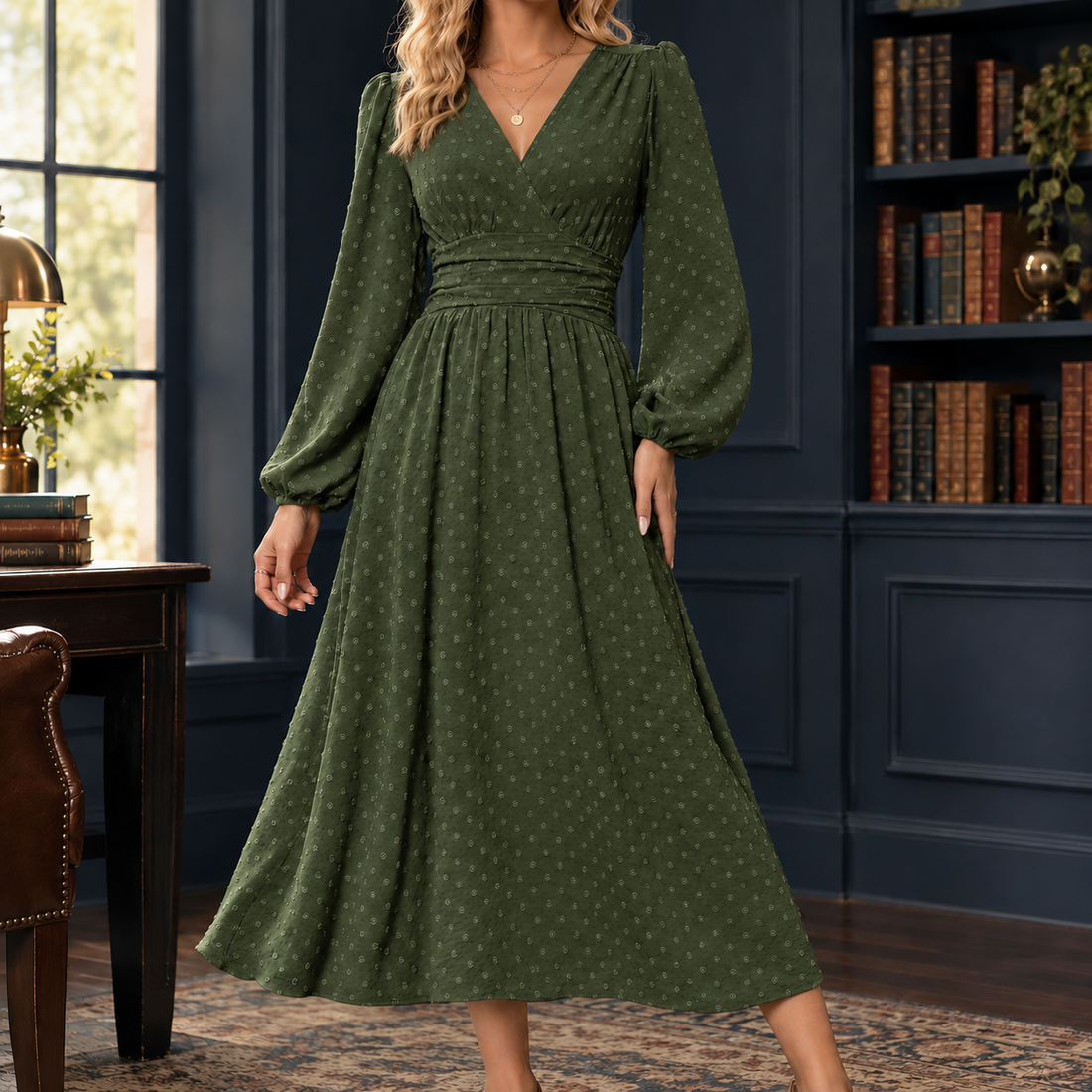 Valentine-Louise Ruched Waist Dress - Military Green