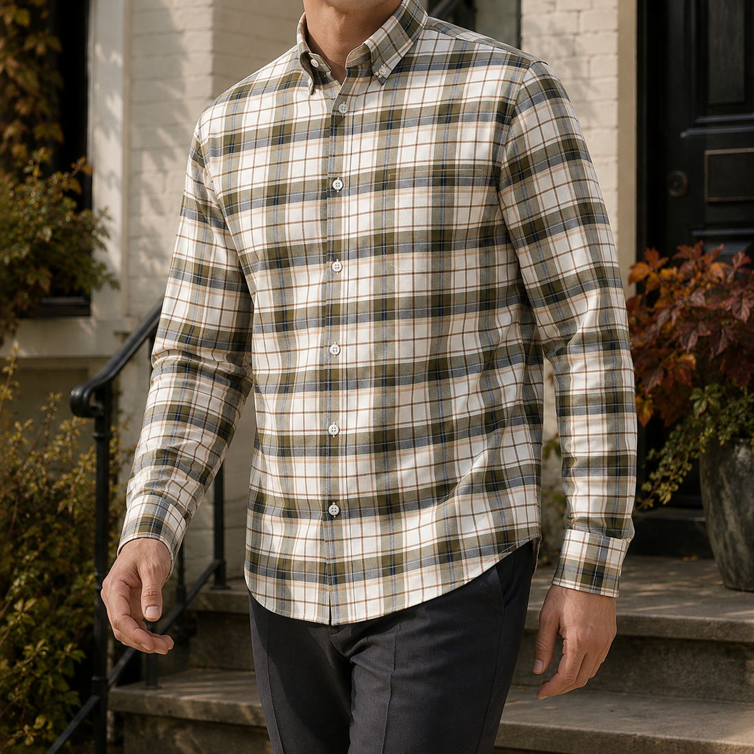 Forrester Button-Down Shirt - Beige And Olive Plaid