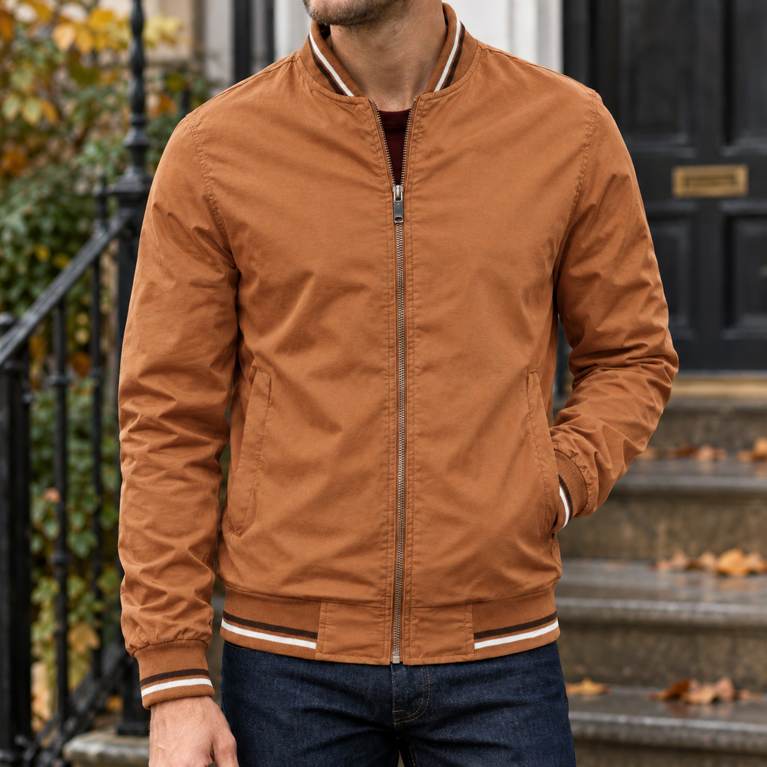 Armand-James Striped Bomber Jacket - Camel