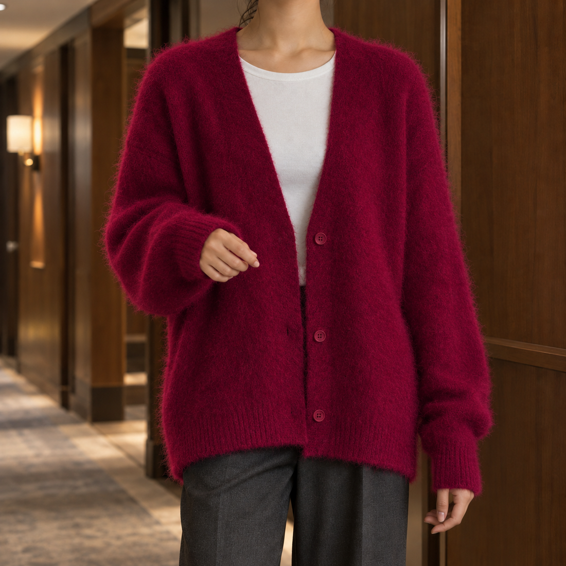 Belinda Fuzzy Cardigan - Wine Red