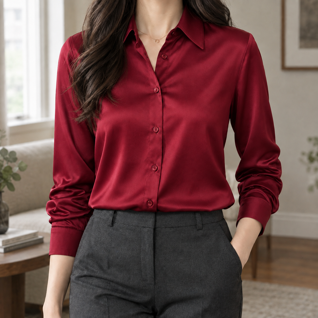 Charlotte-Belle Satin Shirt - Wine Red