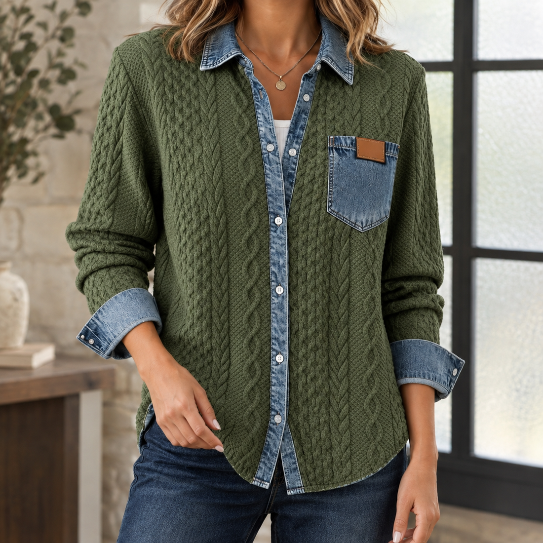 Adrienne-Lane Cable Knit Overshirt - Army Green