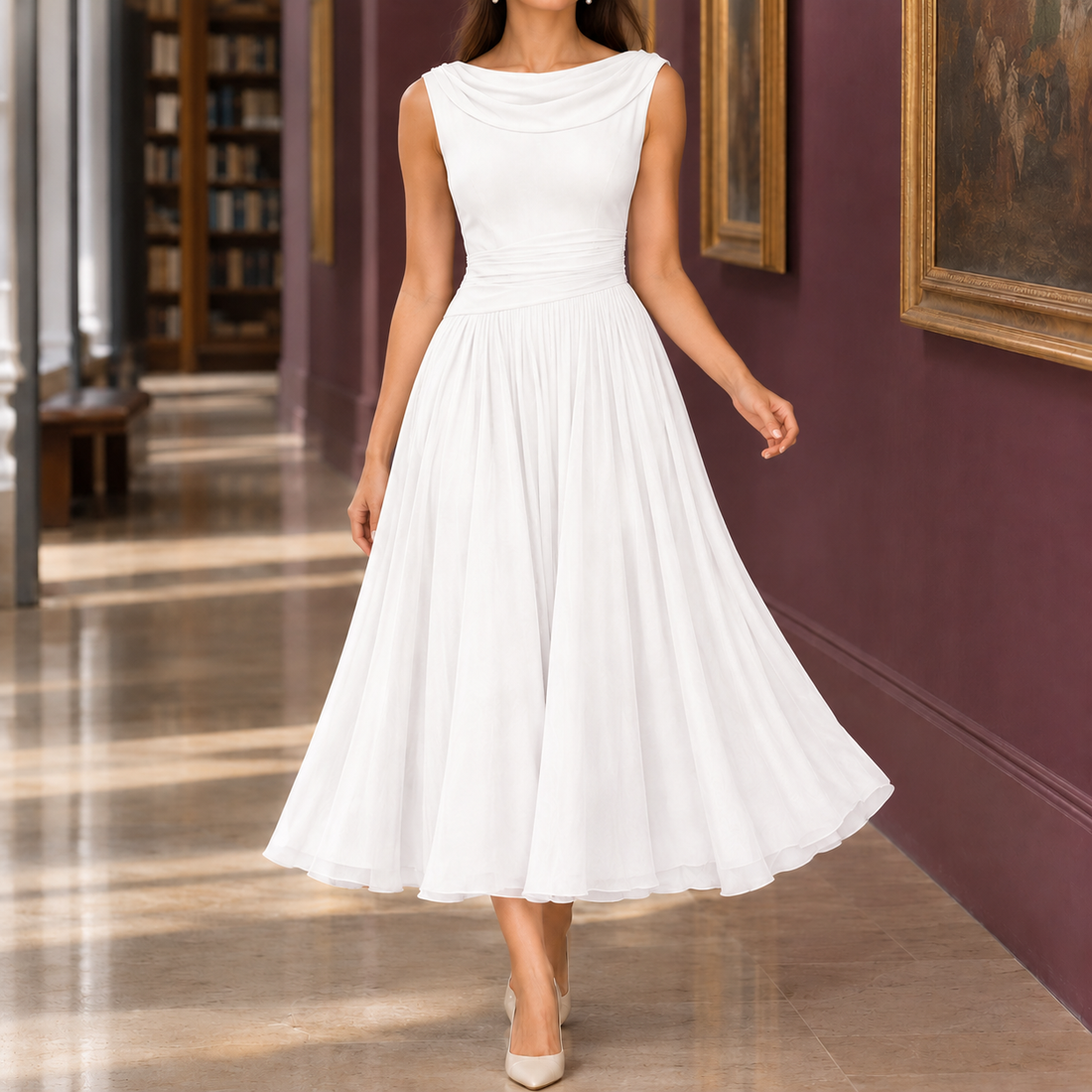Calla-Grace Draped Midi Dress - White