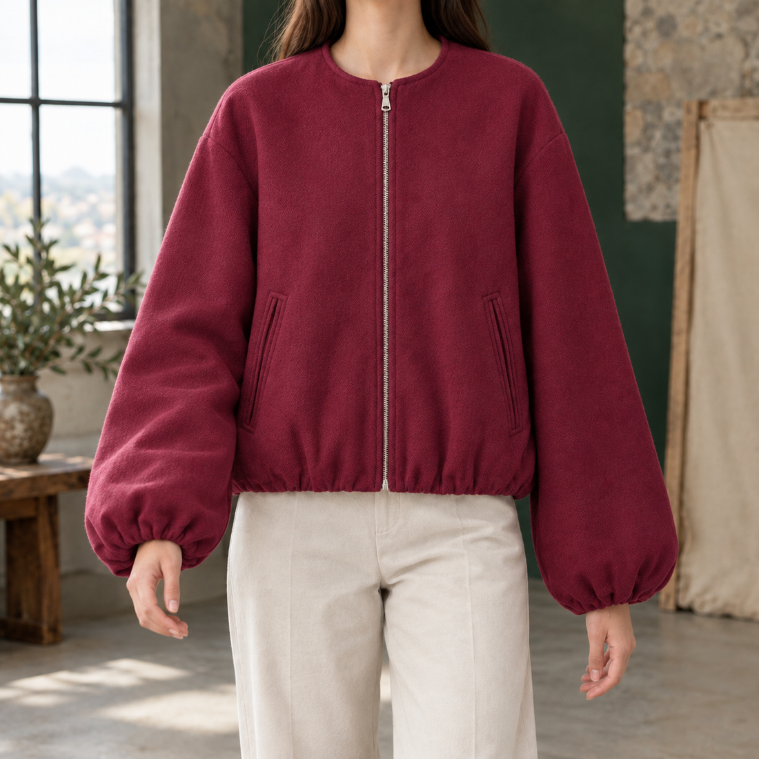 Rebecca Collarless Zip Jacket - Wine Red