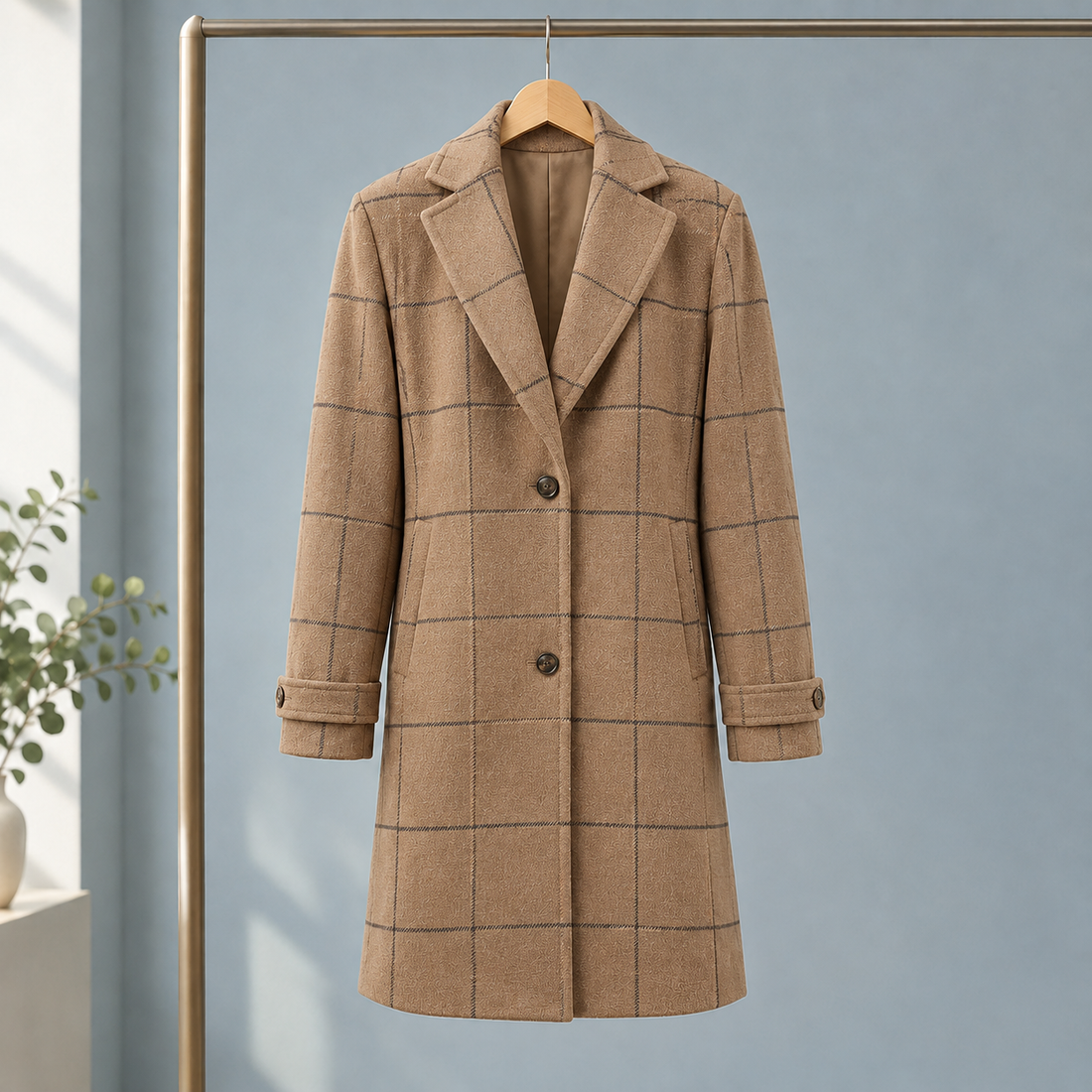 Evadne Windowpane Coat - Camel