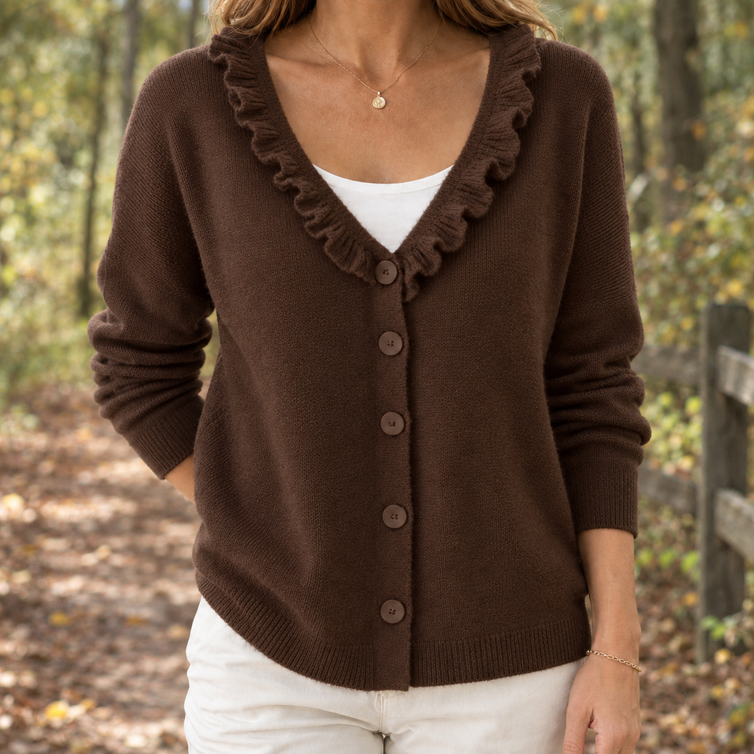Severine-Claire Ruffle Cardigan - Dark Brown