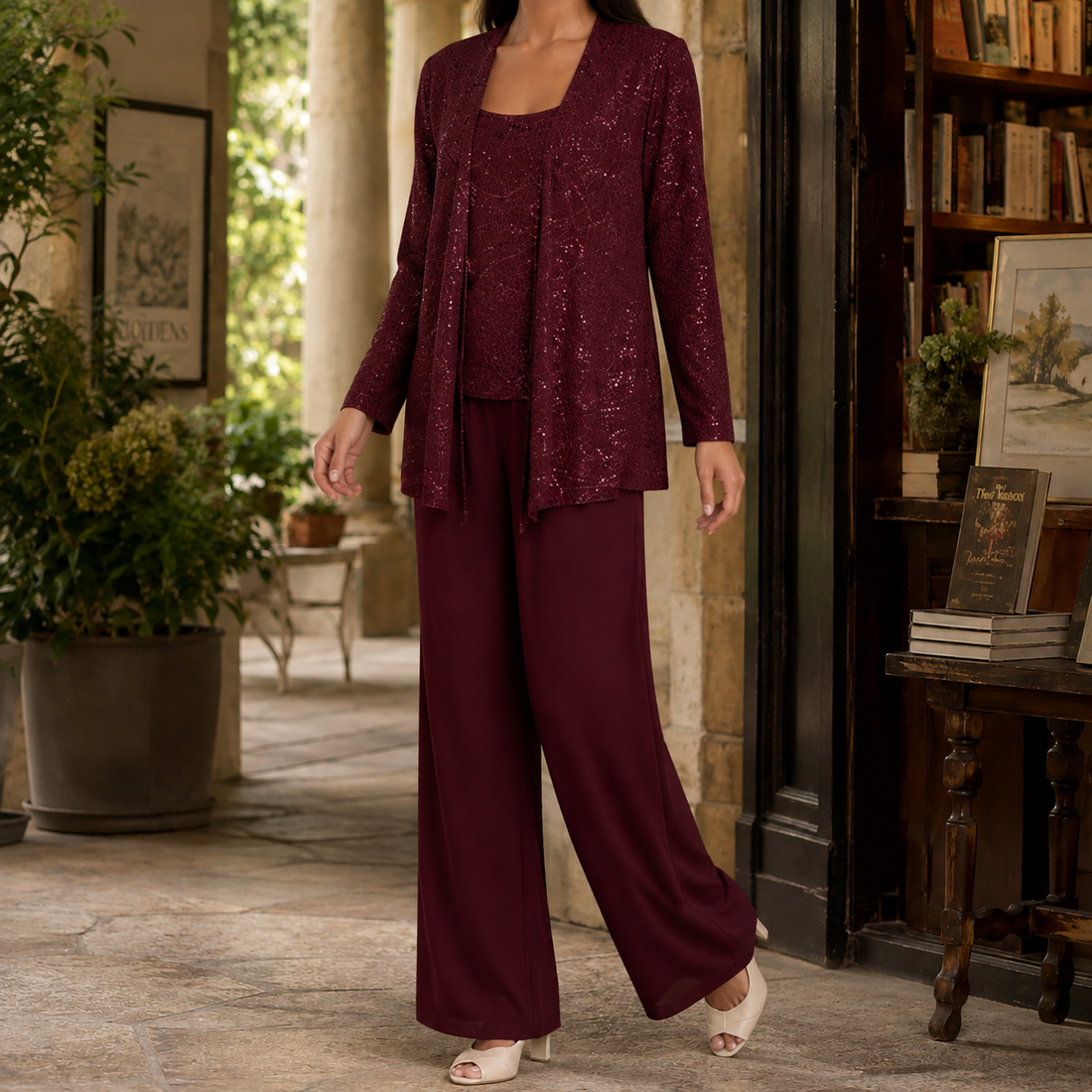 Vivienne Sequin Pants Set - Burgundy