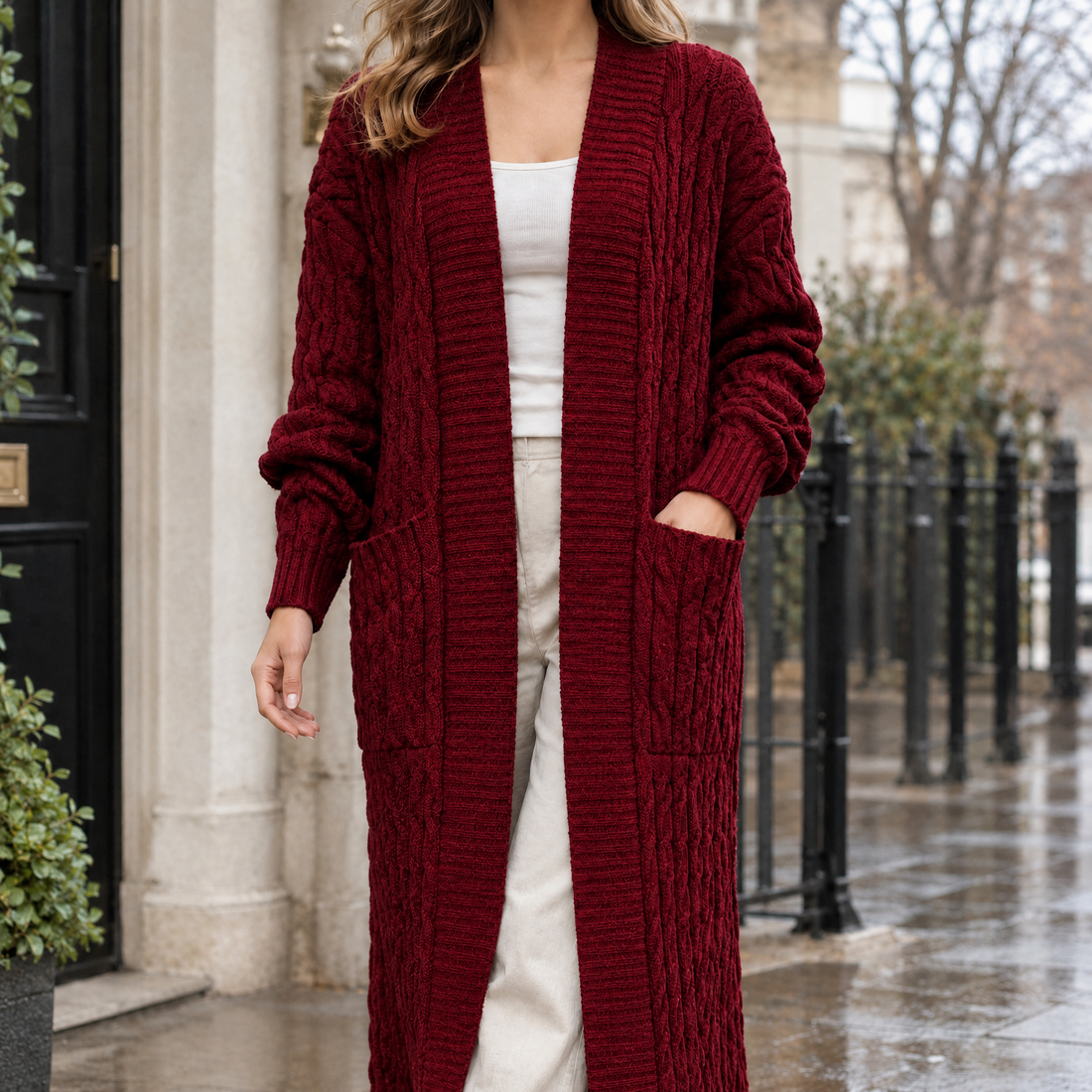 Naomi-Hope Cable Knit Cardigan - Deep Red