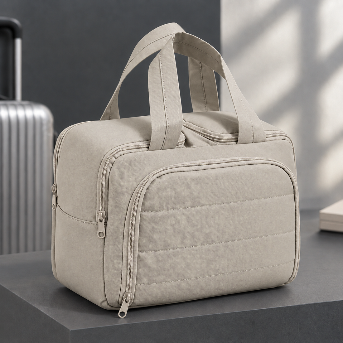 Vitale Double-Zip Cosmetic Bag - Gray Beige Double Opening Bag