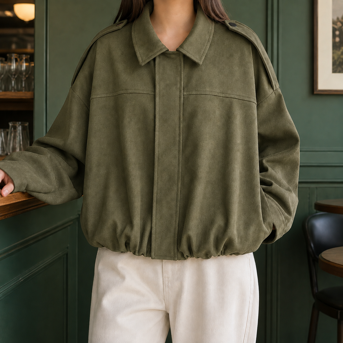 Ines Suede Bomber Jacket - Army Green