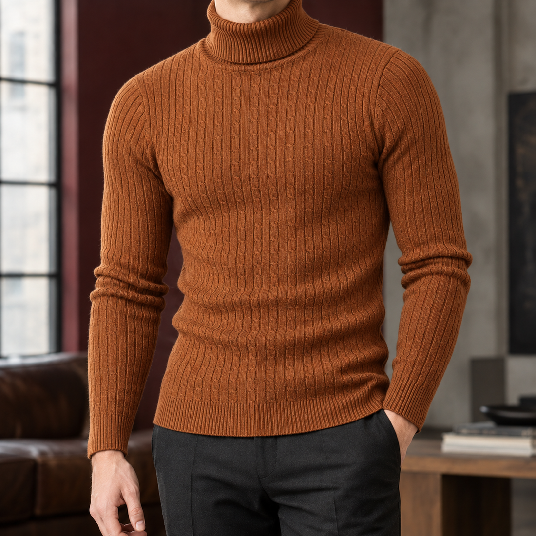 Toby Cable Turtleneck - Caramel Brown