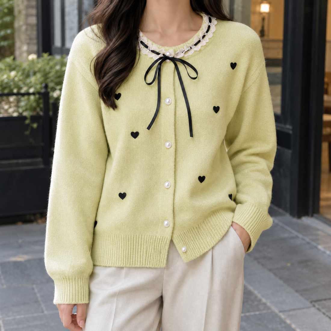 Ines-Kate Heart Cardigan - Yellow Green