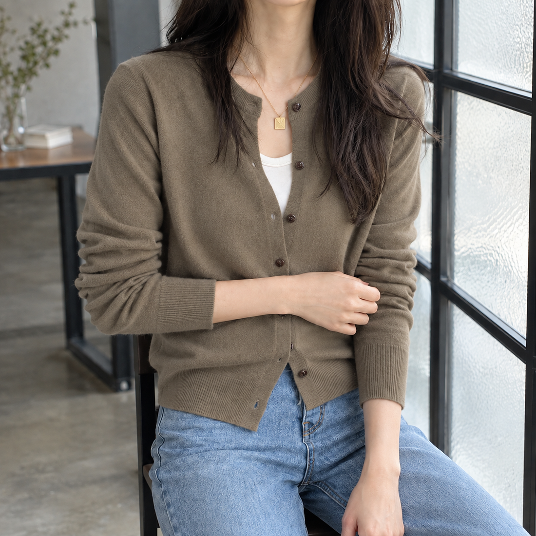 Leah Crewneck Cardigan - Taupe Brown