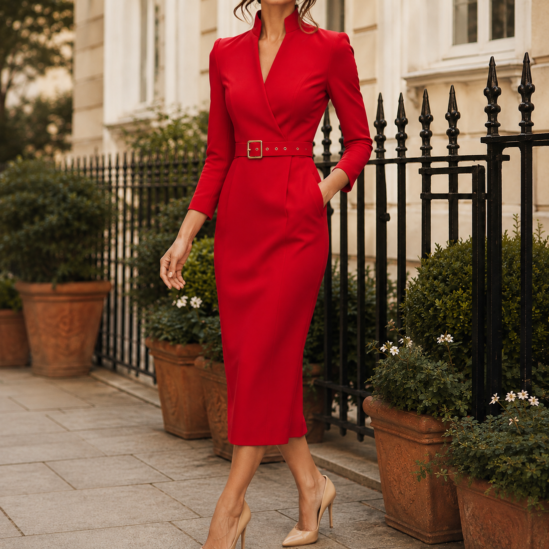 Isabeau Tailored Midi Dress - Red