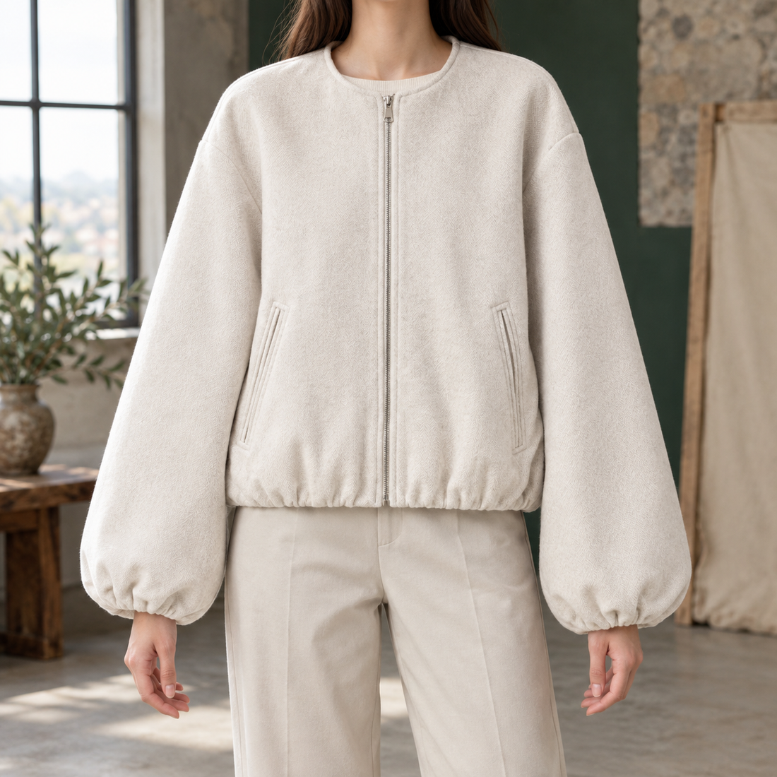 Rebecca Collarless Zip Jacket - Off White