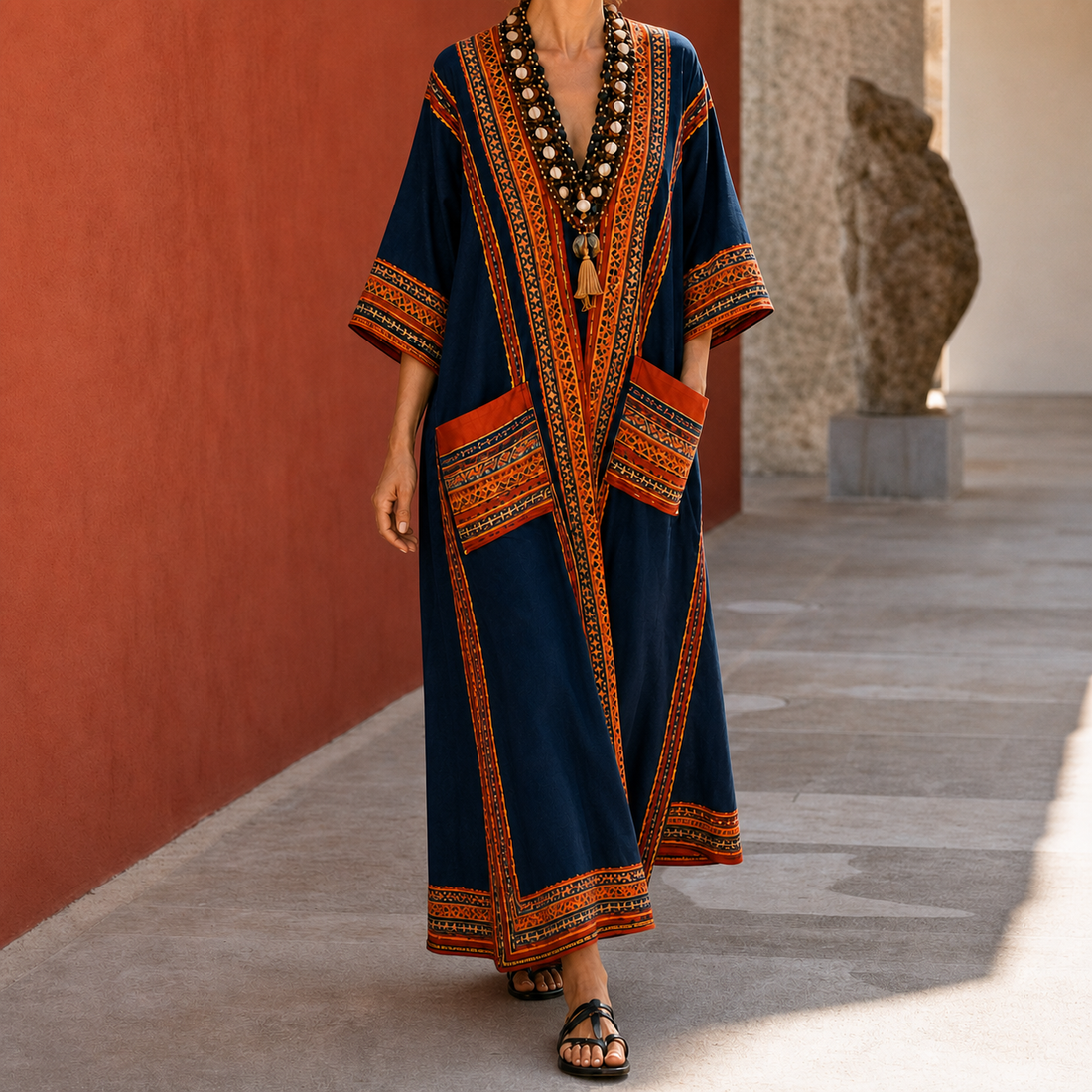 Lucia Printed Caftan - Navy