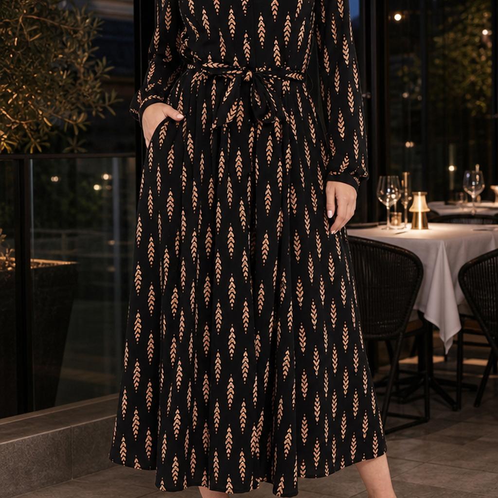 Elena-Rae Belted Midi Dress - Black Tan