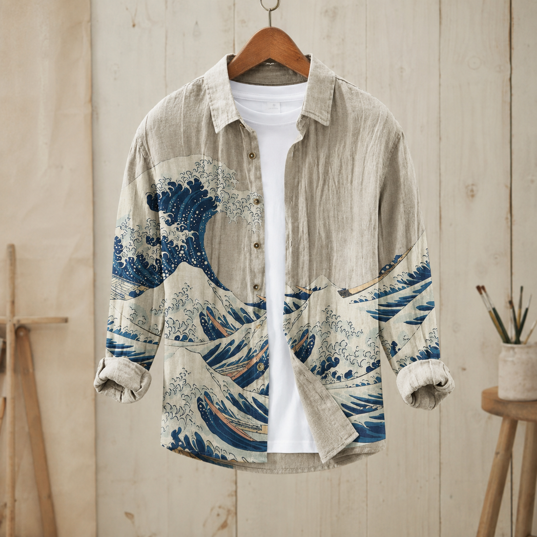 Knox Linen Shirt - Beige and Blue Wave