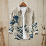 Knox Linen Shirt - Beige and Blue Wave
