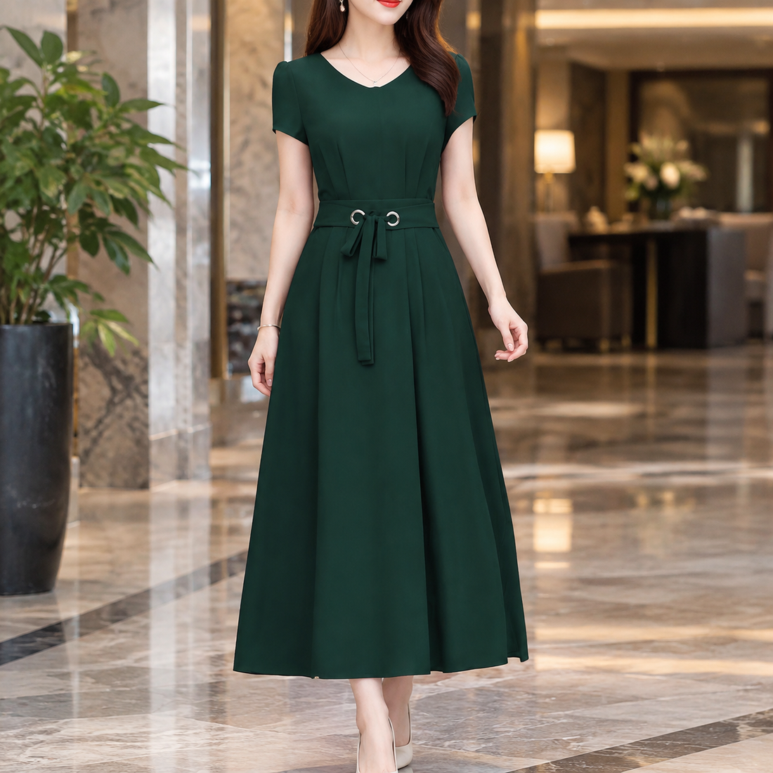 Oriane Belted Midi Dress - Green