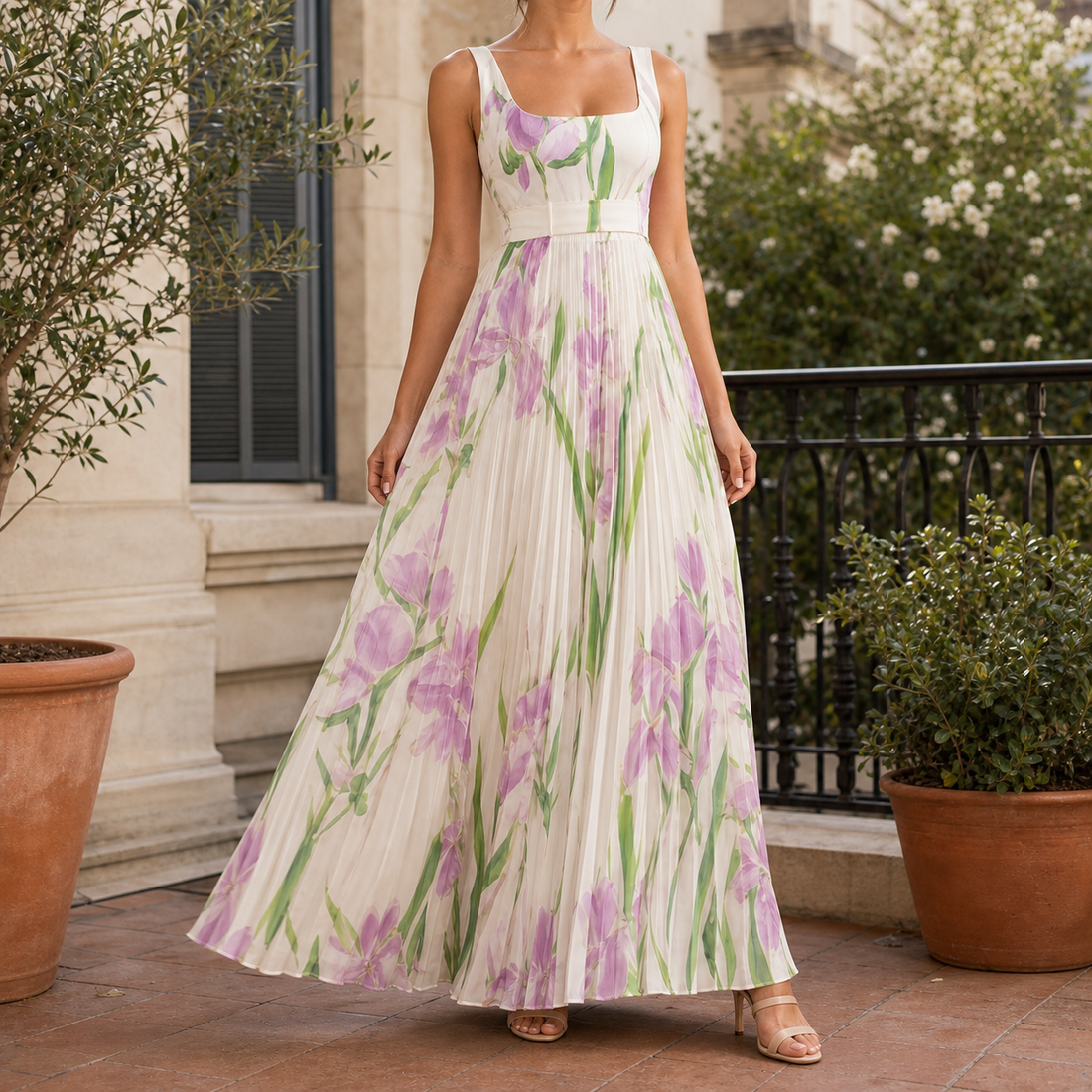 Orla-Grace Pleated Maxi Dress - White Purple
