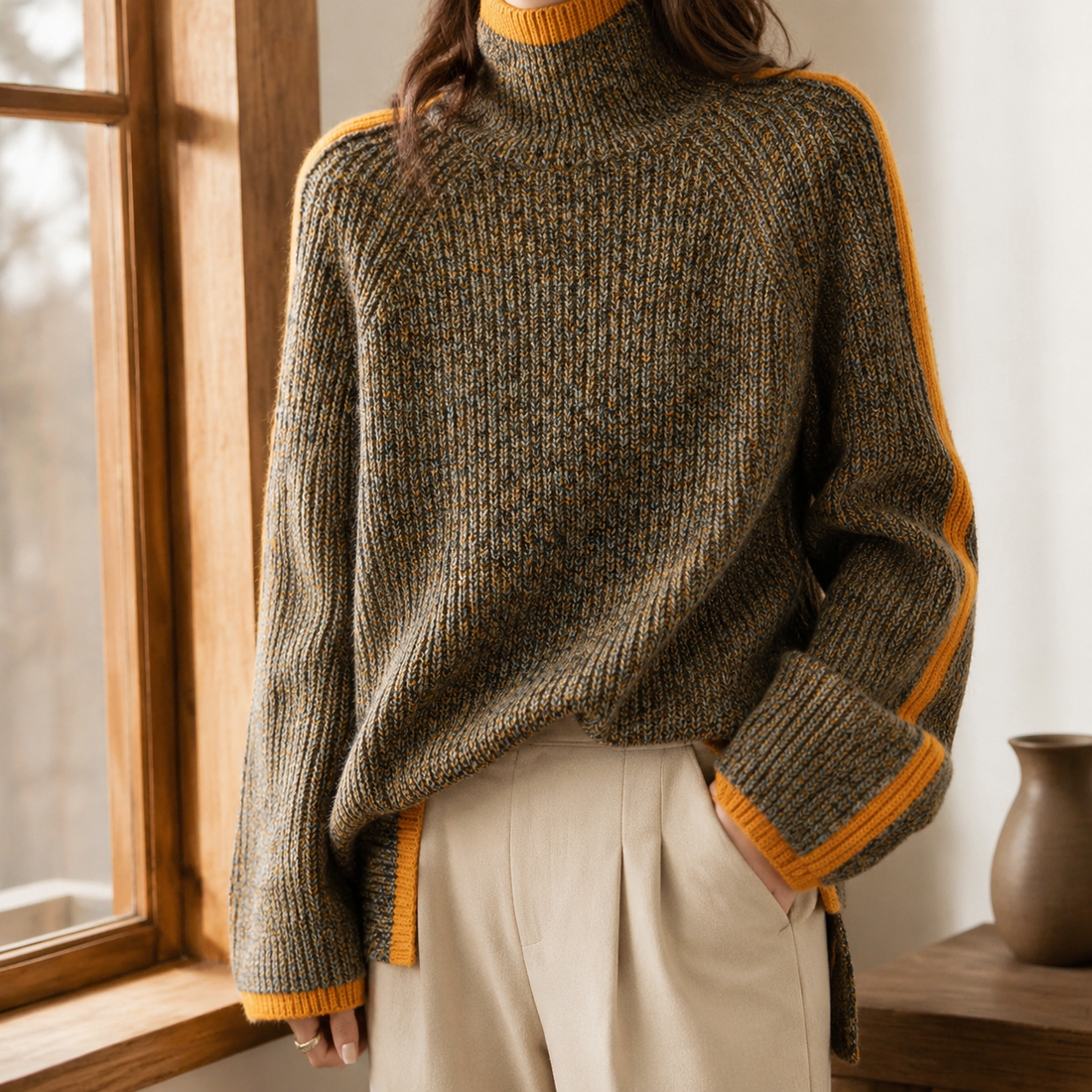 Grace Contrast Knit Sweater - Brown