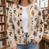 Mina-Grace Cat Print Cardigan - Beige