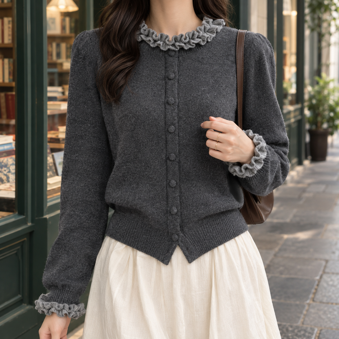 Madeline Ruffle Cardigan - Gray