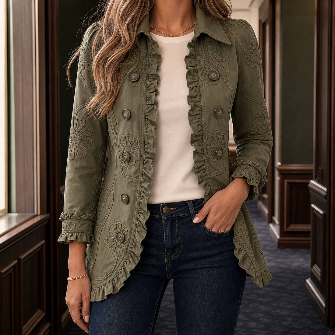 Sharon-Sage Ruffle Trim Jacket - Olive Green
