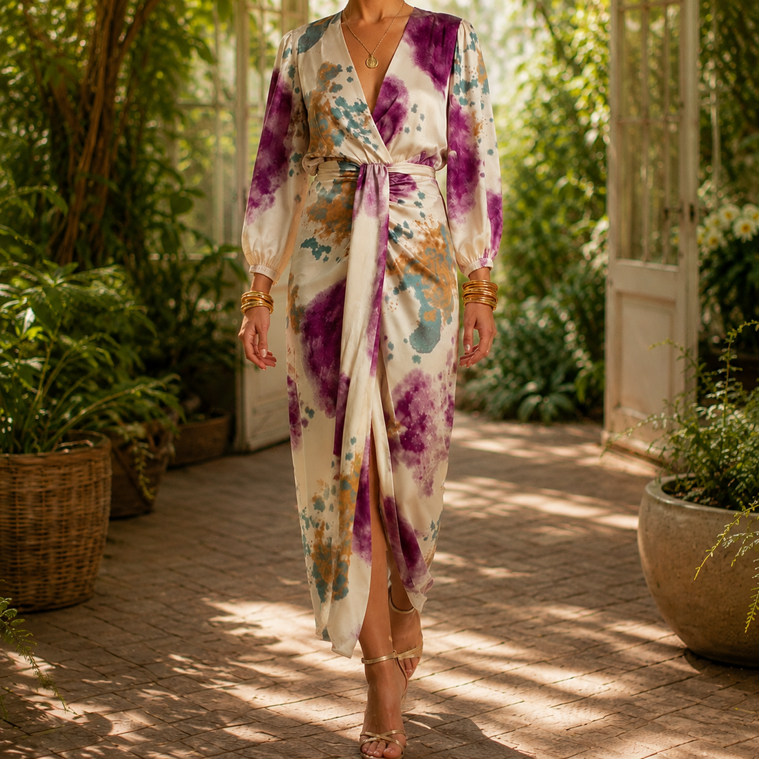 Genevieve Watercolor Wrap Dress - Ivory Watercolor