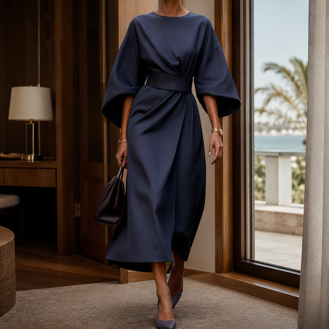 Astrid-Hope Belted Midi Dress - Navy