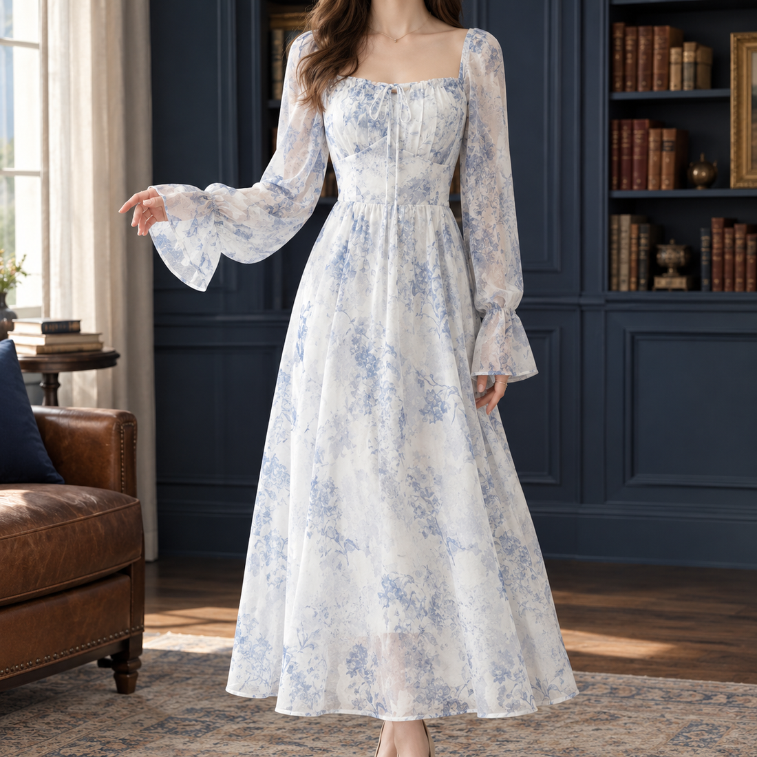 Lorelai Floral Dress - White and Blue Floral